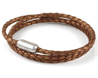 Bronze Braided Genuine Leather Triple Wrap Stainless Steel Bracelet for Men or Women