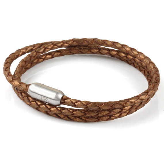 Bronze Braided Genuine Leather Triple Wrap Stainless Steel Bracelet for Men  or Women