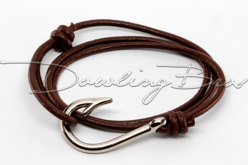 Silver Fish Hook Bracelet on Chocolate Leather Cord image 1