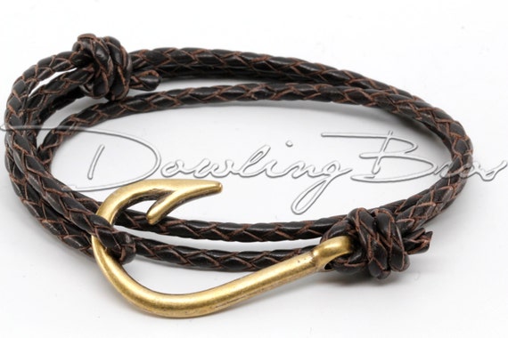 Bronze Fish Hook Bracelet on Chocolate Dark Brown Braided Leather Cord