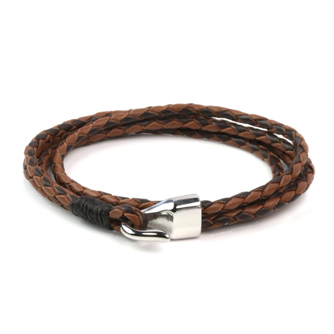 Brown and Chocolate Leather Double Wrap Stainless Steel Hook Bracelet ...