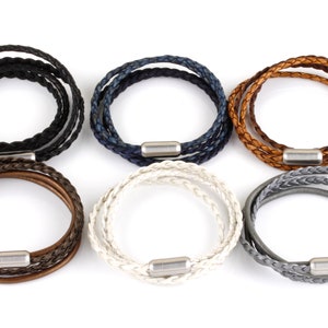 Womens Double Wrap Braided Woven Leather Stainless Steel Bracelet Cuff