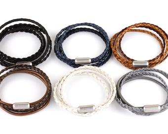 Womens Double Wrap Braided Woven Leather Stainless Steel Bracelet Cuff