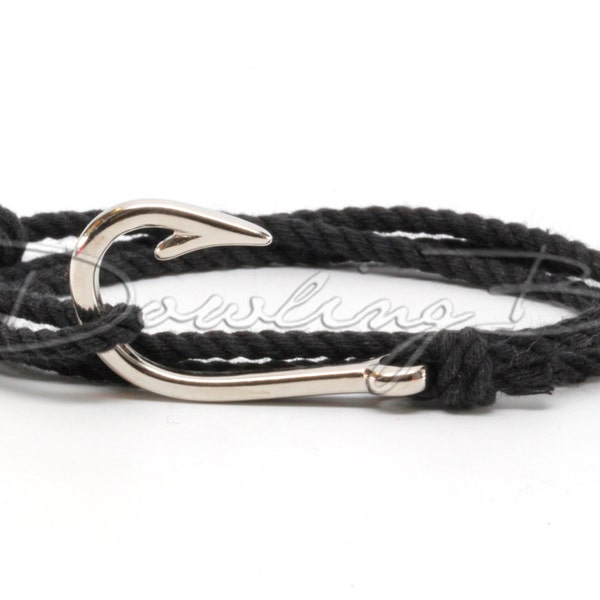 Black Cotton Rope Fish Hook Bracelet