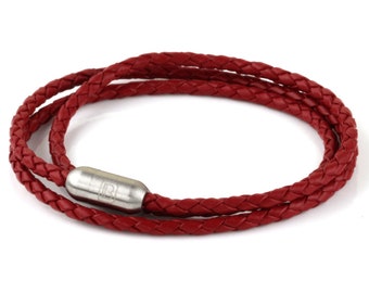 Dark Red Braided Genuine Leather Triple Wrap Stainless Steel Bracelet for Men or Women