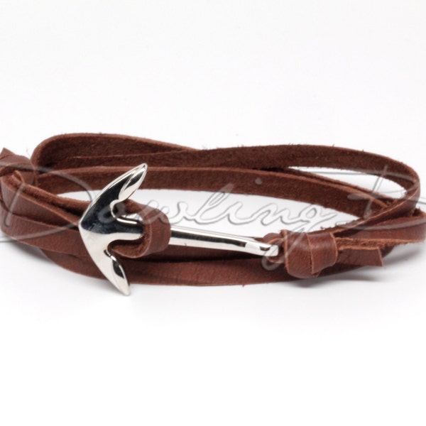 Nautical Anchor Bracelet on Chocolate Leather for Men or Women