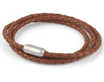 Brown Braided Genuine Leather Triple Wrap Stainless Steel Bracelet for Men or Women