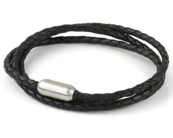 Black Braided Genuine Leather Triple Wrap Stainless Steel Bracelet for Men or Women