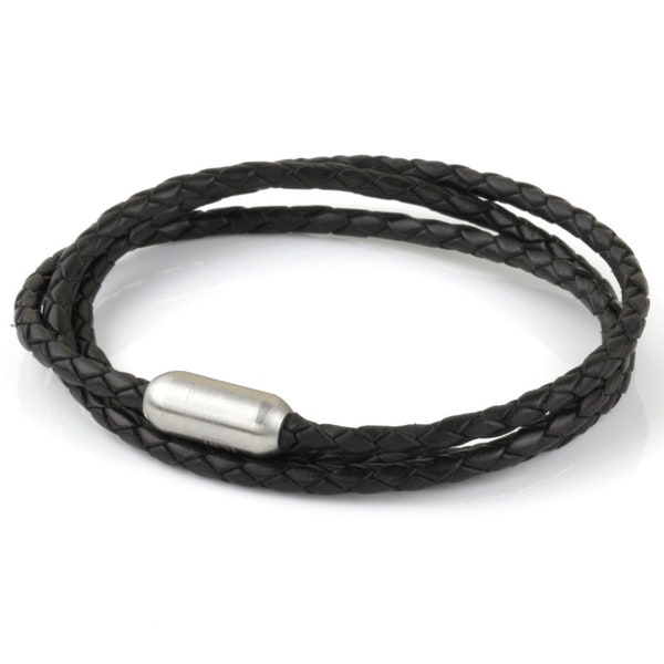 Black Braided Genuine Leather Triple Wrap Stainless Steel Bracelet for Men or Women