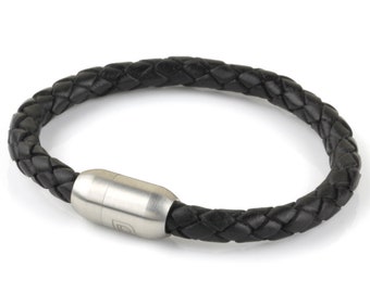 Black Single Wrap Leather Cuff Bracelet with Stainless Steel Clasp for Men or Women