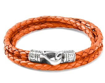 Orange Nappa Leather Triple Wrap Bracelet with Stainless Steel Clasp - 4MM Genuine Premium Leather