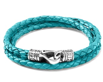 Turquoise Nappa Leather Triple Wrap Bracelet with Stainless Steel Clasp - 4MM Genuine Premium Leather