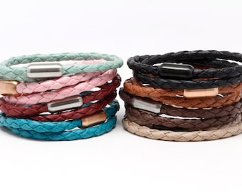 Vegan Leather Double Wrap Cuff Bracelet with Stainless Steel Magnetic Clasp - Choose Colors