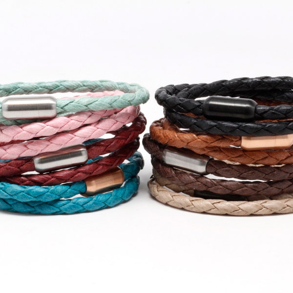 Vegan Leather Double Wrap Cuff Bracelet with Stainless Steel Magnetic Clasp - Choose Colors