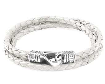 White Nappa Leather Triple Wrap Bracelet with Stainless Steel Clasp - 4MM Genuine Premium Leather