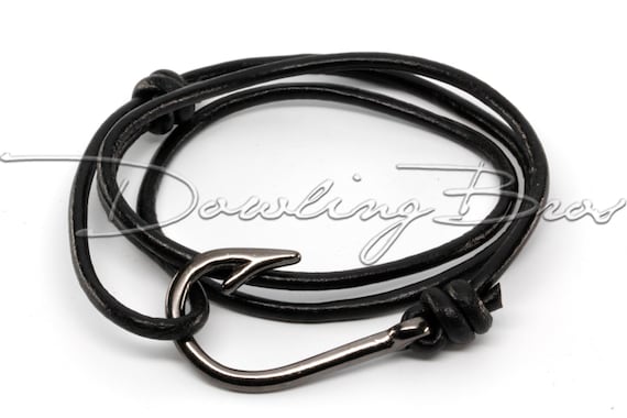 etsy fish hook wristband Gunmetal Fish Hook Bracelet on Black Leather Cord