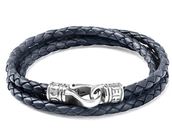 Navy Blue Nappa Leather Triple Wrap Bracelet with Stainless Steel Clasp - 4MM Genuine Premium Leather