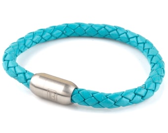 Turquoise Single Wrap Leather Cuff Bracelet with Stainless Steel Clasp for Men or Women