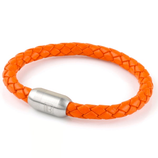 Orange Single Wrap Leather Cuff Bracelet with Stainless Steel Clasp for Men or Women