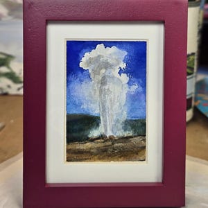Old Faithful Yellowstone Park Original Watercolor framed artwork 2x3&quot; signed watercolor of Old Faithful Geyser Study #2 Collectable w/ frame