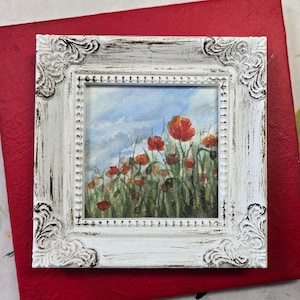 Papoulas Aquarela original e moldura estilo vintage 4x4" Arte original assinada aquarela de campo de papoulas de verão colecionável #2