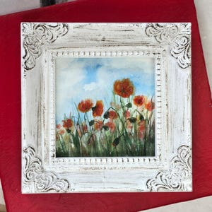 Poppies Original Watercolor & vintage style frame 4x4&quot; Original artwork signed watercolor of summer poppy field of poppies collectable #3