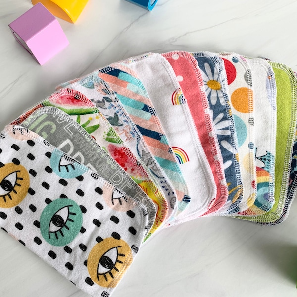 Surprise Me Cloth Baby Wipes, Cotton Flannel Set of 12 Wipes, Reusable Wipes, Cloth Diapering