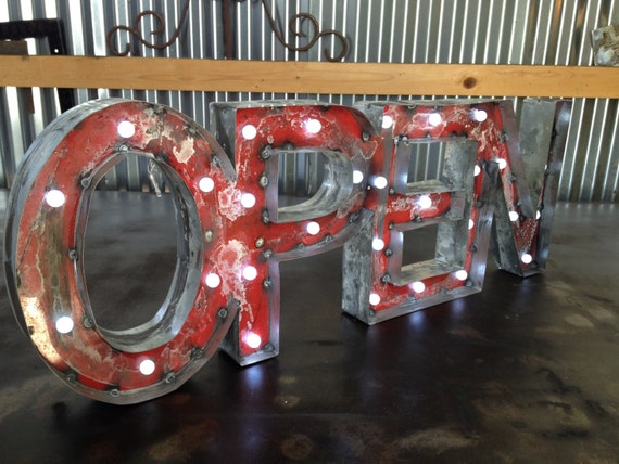 Lighted Open Sign, Rusted Recycled Metal Vintage