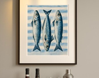 Sardinen Aquarell Kunstdruck: Italienischer Sommer Bar Dekor (Digitaler Download)