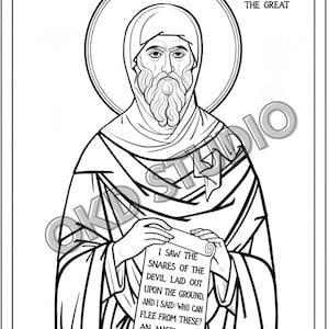 May include: Black and white illustration of Saint Anthony the Great. The image features a halo, a long beard, and a scroll with text. The text on the scroll reads: "I SAW THE SNARES OF THE DEVIL LAID OUT UPON THE GROUND, AND I SAID: WHO CAN FLEE FROM THESE? AN ANGEL SAID TO ME: HUMILITY."