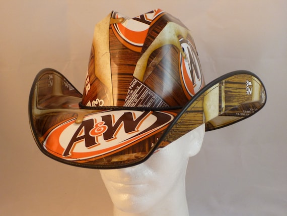 Cola Box Cowboy Hats. Made from recycled A&W Root Beer boxes.