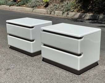 Post Modern White Lacquered Night Stands by Rougier
