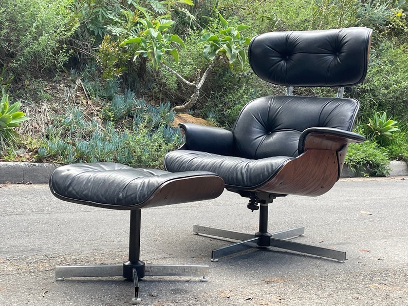 Mid Century Plycraft Selig Leather & Rosewood Lounge Chair and Ottoman image 1
