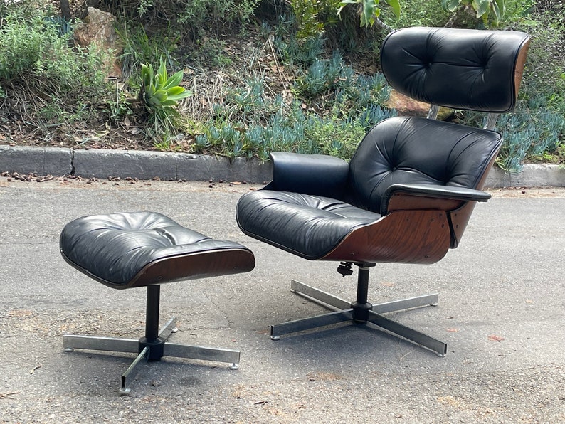 Mid Century Plycraft Selig Leather & Rosewood Lounge Chair and Ottoman image 6