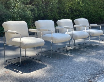 Set of 4 Milo Baughman Chrome Arm Chairs in Boucle - Circa 60s