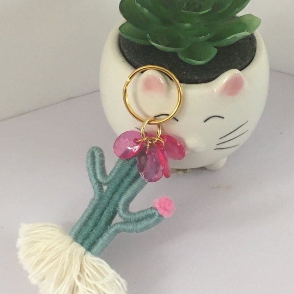 Fabric Green Cactus with Fringe and Pink Acrylic Tear Drops Purse Charm