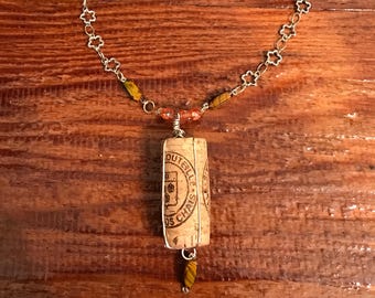 Wire-wrapped Wine Cork Necklace with glass beads and flower jump rings