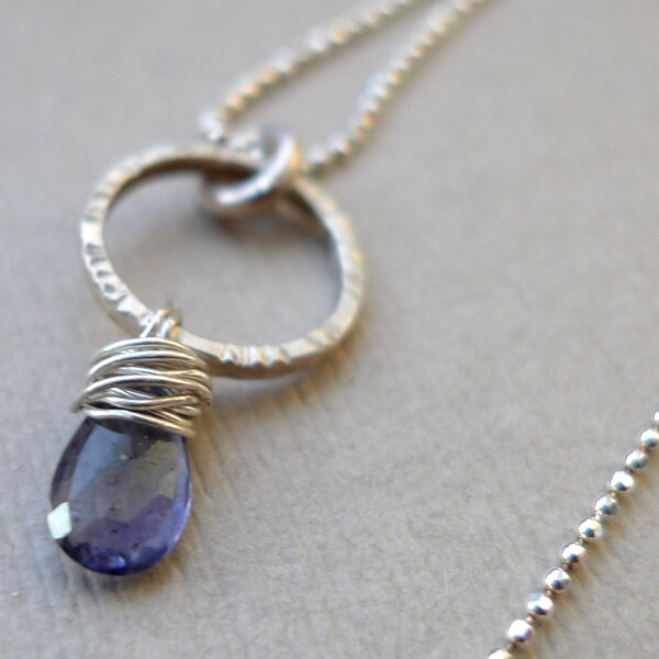 Sterling Silver Hammered Circle and Iolite Charm Necklace - Ready to ship
