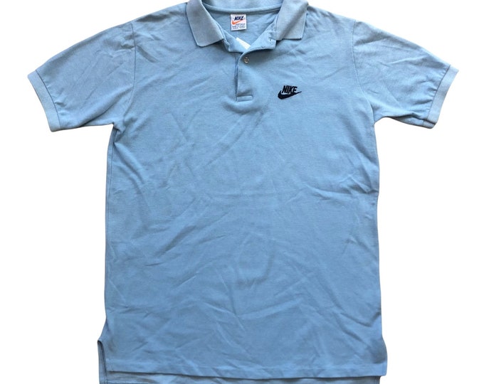 Vintage 80s Nike Polo Baby Blue Chest Logo Spell Out Swoosh Made in USA