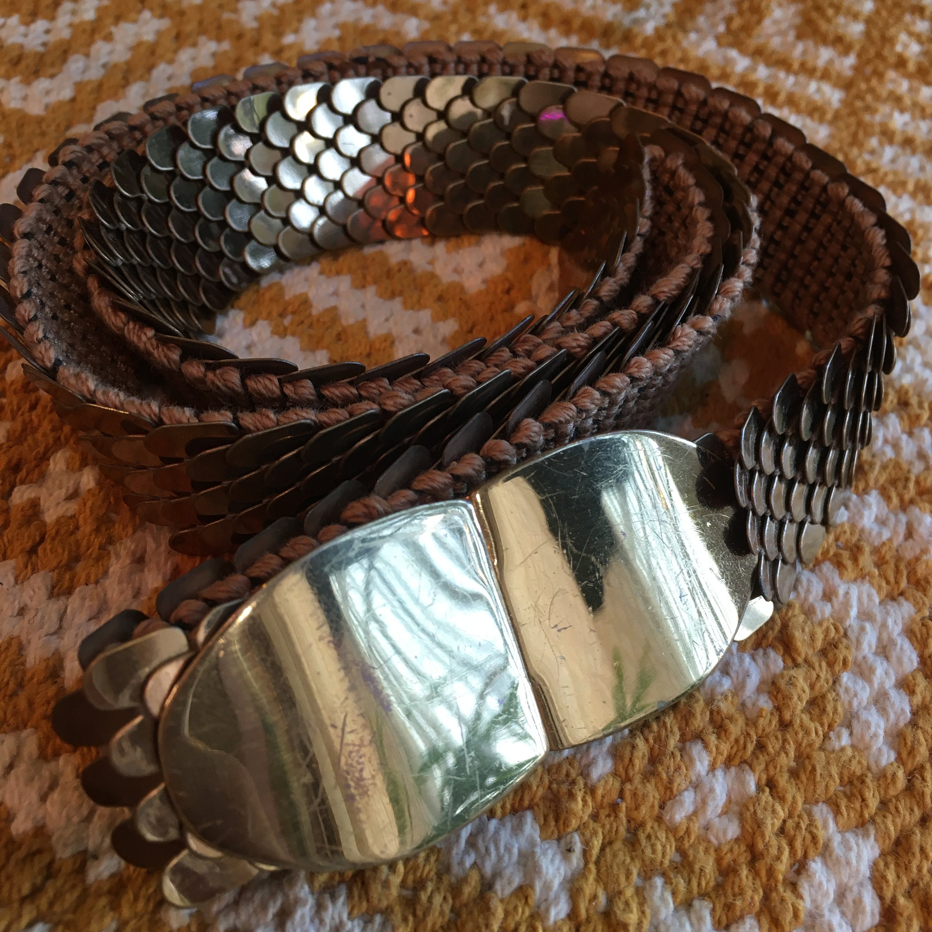 Vintage Elastic Brass Fishscale Belt Fish Scale Pattern Womens Belt