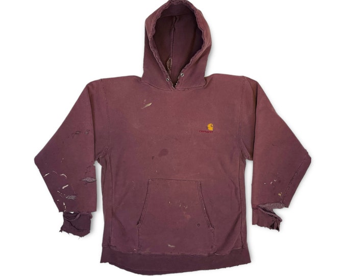 Vintage 80s Maroon Carhartt Reverse Weave Hoodie Thrashed Faded & Distressed To Perfection!