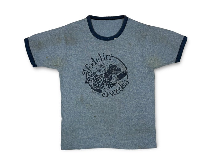 Vintage 60s Yodeling Swede's Akeley, Minnesota Ringer Tee Shirt Distressed