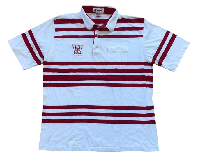 Vintage University of Wisconsin Badgers White Red Striped Polo Shirt