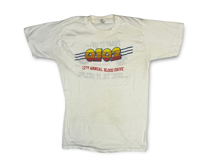 Vintage Q102 Texas Rock Radio Station 12th Annual Blood Drive Tee Distressed Made in USA Single Stitched