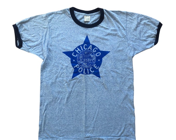 Vintage 80s Chicago Police Department CPD Ringer Shirt Light Blue Screen Stars Made in USA