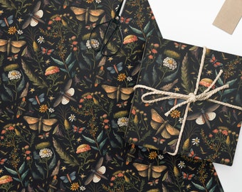 Moth Wrapping Paper - Black Dark Academia Enchanted Forest Gift Wrapping Paper Roll, Vintage Botanical Gift Wrap Ideas, Dark Christmas Gift