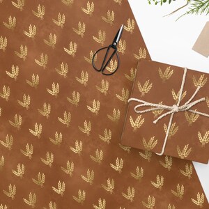 Fall Thanksgiving Gift Wrapping Paper - Boho Rustic Burnt Orange Wrapping Paper Roll Elegant Gold Wheat Art