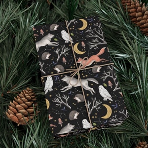 Dark Winter Animal Wrapping Paper - Woodland Forest Owl Fox Wolf Moon Gift Wrapping Paper Roll, Gift Wrap Roll