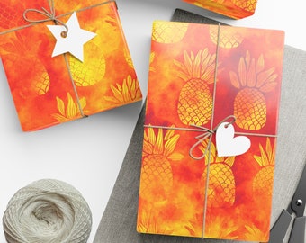 Papier cadeau tropical orange jaune - Papier cadeau ananas coucher de soleil hawaïen