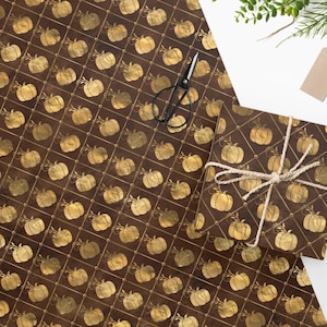 Thanksgiving Wrapping Paper Roll - Luxury Rustic Fall Pumpkin Gift Wrap Brown and Gold Holiday Wrapping Paper